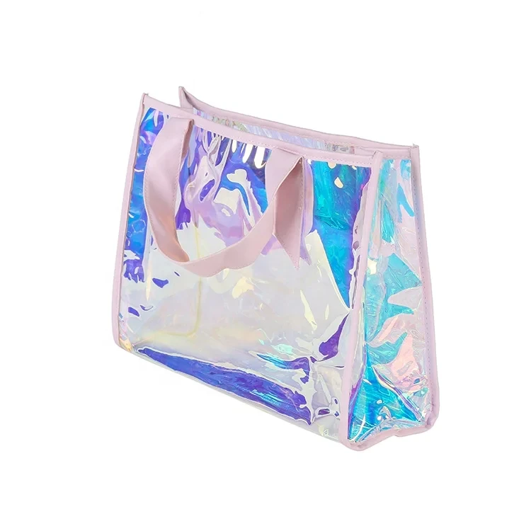 Personalized Transparent PVC Cosmetic Bag Holographic Woman Tote Shopping Bags