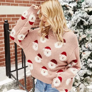 2024 New Women Long Sleeve Crewneck Santa Claus Printed Jumpers Female Pullover Sweatshirt Family Christmas Knitted Sweater