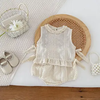 Baby girl summer dress suit baby sleeveless cotton lace vest super cute two-piece set