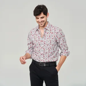 Autumn Spring Men's Plus-Size Formal Shirt Long-Sleeved Twill Quick Dry Casual Flower Print Elastic Fabric Single Breasted
