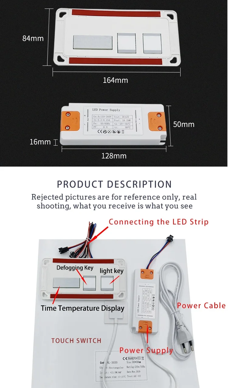 Free Sample Defogger 12v 3a 36w Smart Automation Single Color Switch Led Mirror Touch For Mirror With Time Temperature Display supplier