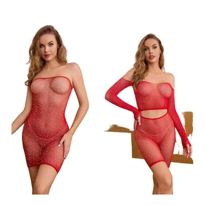 2026 Women's Sexy Underwear Set 2-Pcs Glittering Fishnet Rhinestone Dress Long Sleeves Tight Fishing Net Temptation Lingerie