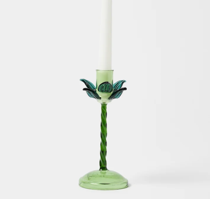 Custom Made Handcrafted Colored Palm Tree Glass Candlestick Holder with Twisted Stick and Tapered Base