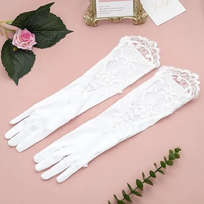 Атласные свадебные перчатки Цветочные белые длинные оперные кружевные