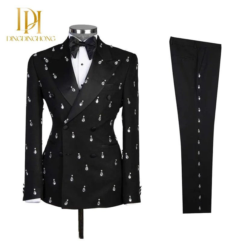Luxurious Men's Wedding Suit 2-Piece Set Water Drop Diamond Double-Breasted for Peak Lapel Groom Pants for Summer Weddings