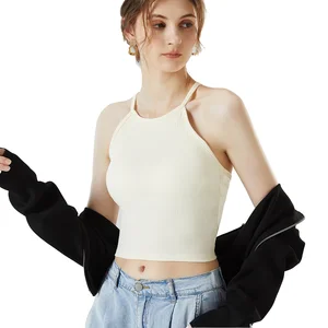 Women's Summer Cotton Halter Tank Top Breathable Short Built-In Bra Padded Camisole Stylish Back Design Sun Protection Wear
