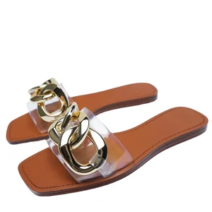 Women's Summer Open Toe Metal Chain Flat Base Beach Platform Sandals New Style Design Light Weight Transparent for Slippers for