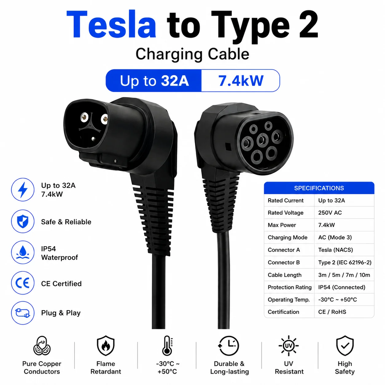 AOTAI Tesla (NACS) to Type 2 EV Charging Cable  Tesla Charging Station to Type 2 EV 32A 7kW
