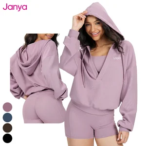Janya New Loose Sportswear Breathable Comfortable Long Sleeve Pullover Hoody Sweatshirt Women's Drawstring V Neck Sports Jacket
