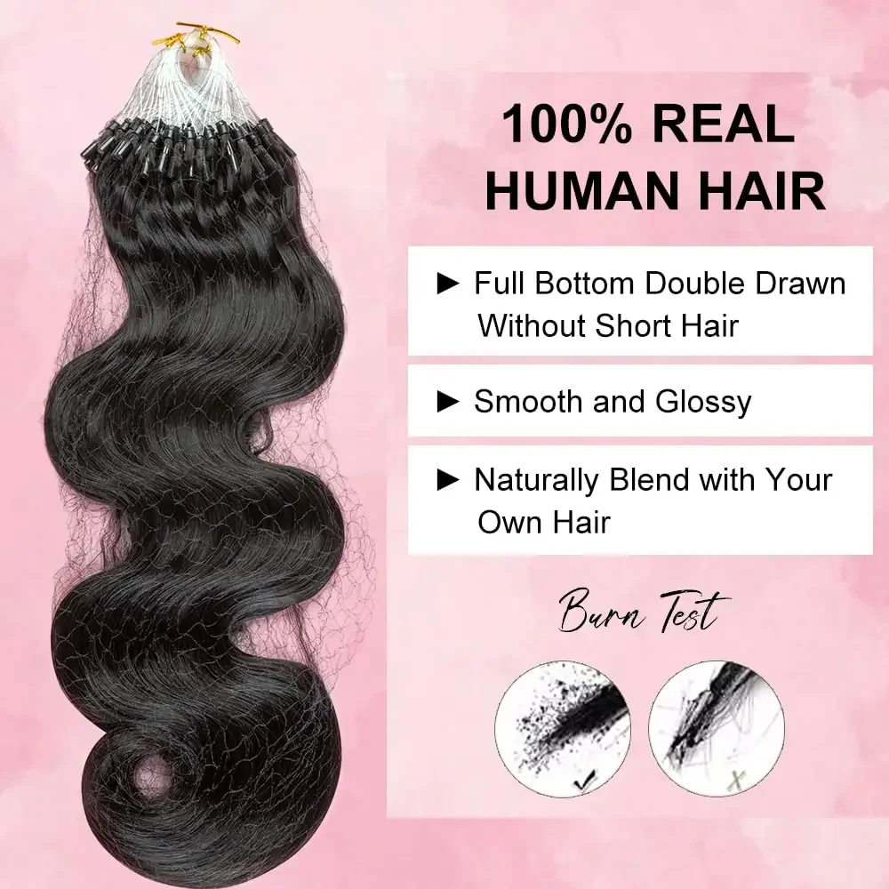 Body Wave Micro Ring Echthaar-Extensions, vorgebunden, brasilianisches Remy-Micro-Loop, 50 Stück/Packung, für Frauen, natürliches Haar, 16-26 Zoll_voghion.com