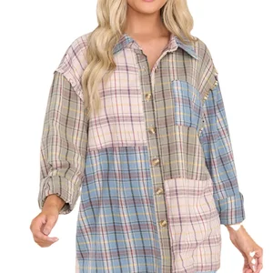 Custom High Quality Spring Autumn Causal  Woman Shirts Long Fall Loose Tops Oversized Plaid Button Down Women Top Shirt