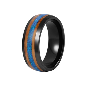 8mm Wedding Band Dome Comfort Fit Blue Opal and Whiskey Barrel Wood Tri-Inlay Black Zirconium Ring for Men