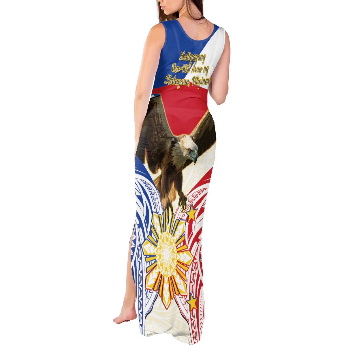 Custom Logo Printing Philippine Independence Day Sleeveless Long Dress Pilipinas Eagle Sexy Round Neck Slit Dress Wholesale
