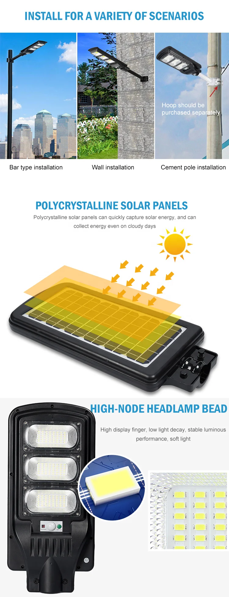 ABS IP65 LED Integrated Solar Street Light High Brightness 6-8m Radar Sensor 200 - 300w