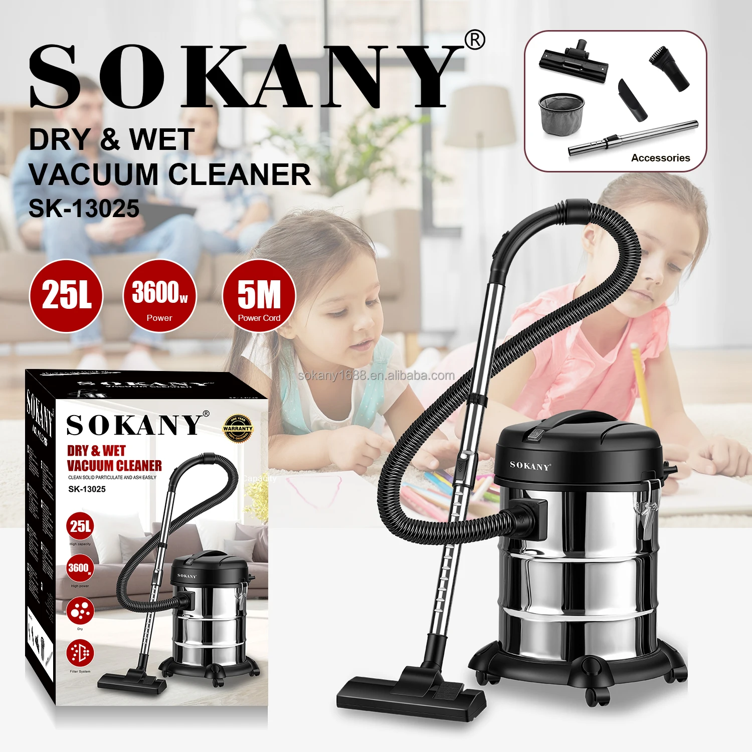 Sokany 25L Drum Vacuum Cleaner - Efficient Dry & Wet Cleaning