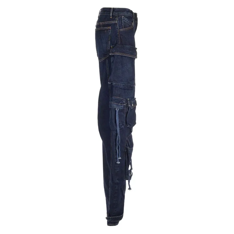Relaxed Oversized Fit Multi-pockets Long Pants Dark Blue Cargo Pants Denim Jeans for Women