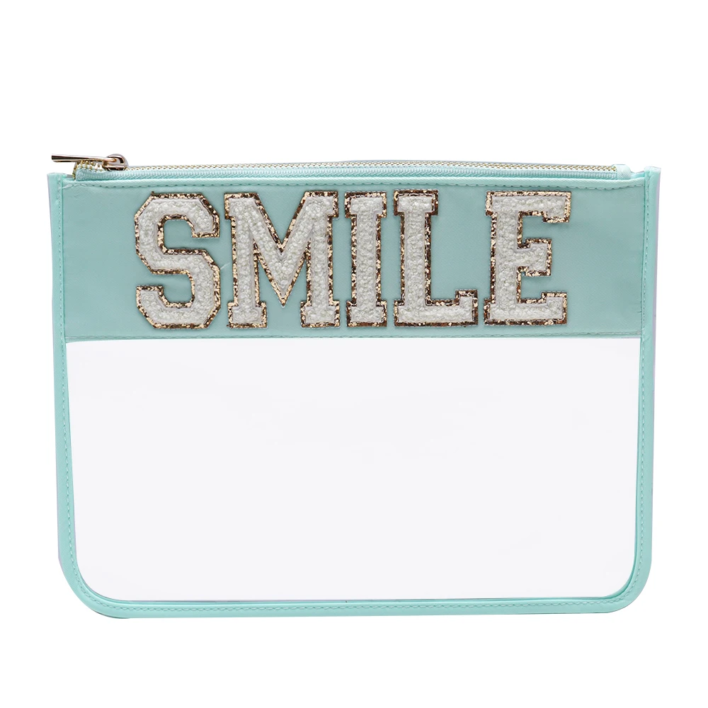 Snacks Letter Transparent Low Price PVC Cosmetic Bag Clutch Women Clear Makeup Bag Flat Zipper Pouches Make up Cosmetic Bag