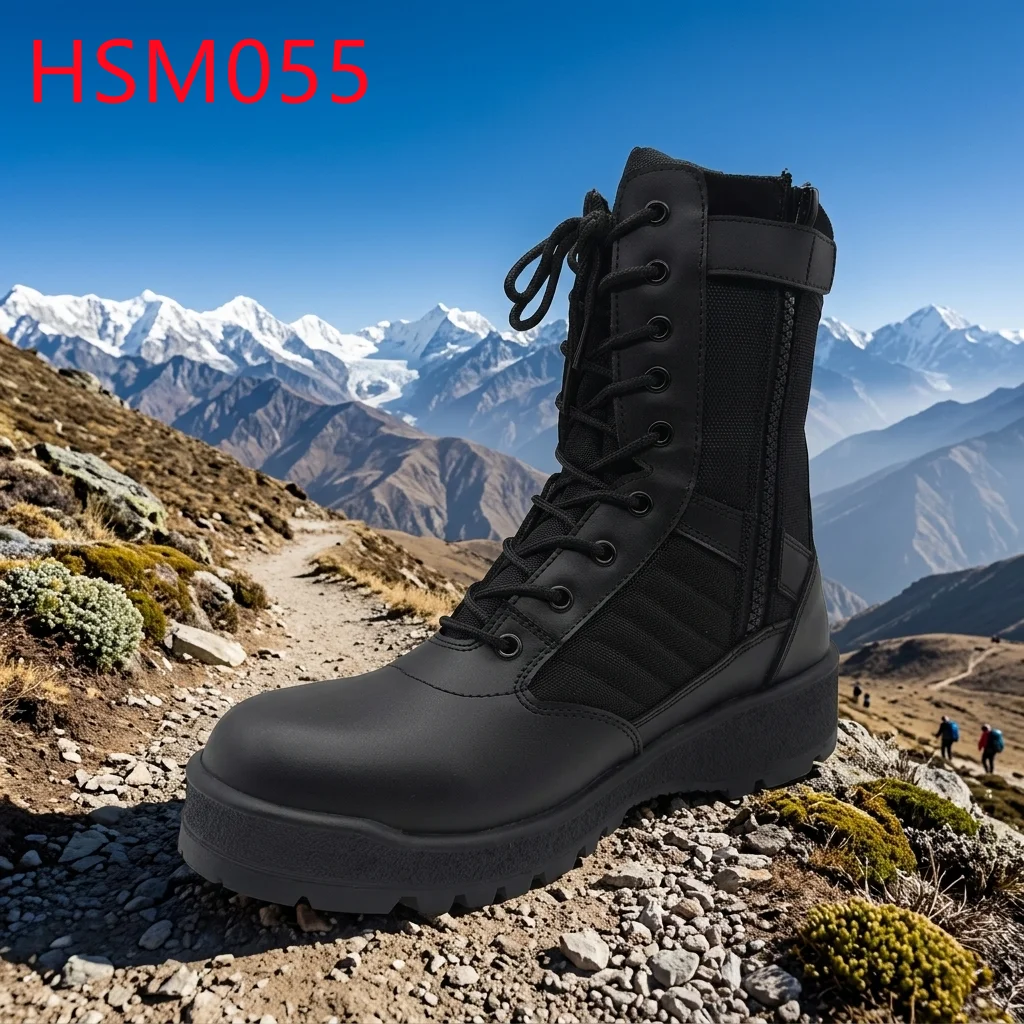 HY,combat Marching Anti-Shock Rubber Sole Hua Singh Men Leather Boots Camping Trips Zipper&velcro Design Tactical Boots HSM055