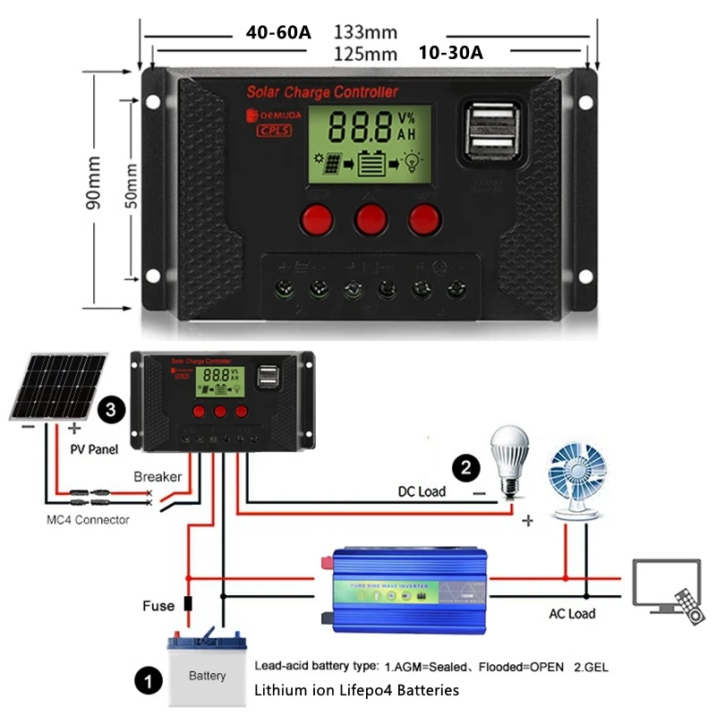 DEMUDA PWM Solar Panel Charge Controller 10a 20a 30a 40a 50a 60a 12v 24v Pwm Solar Battery Pump Controllers for PV Module System