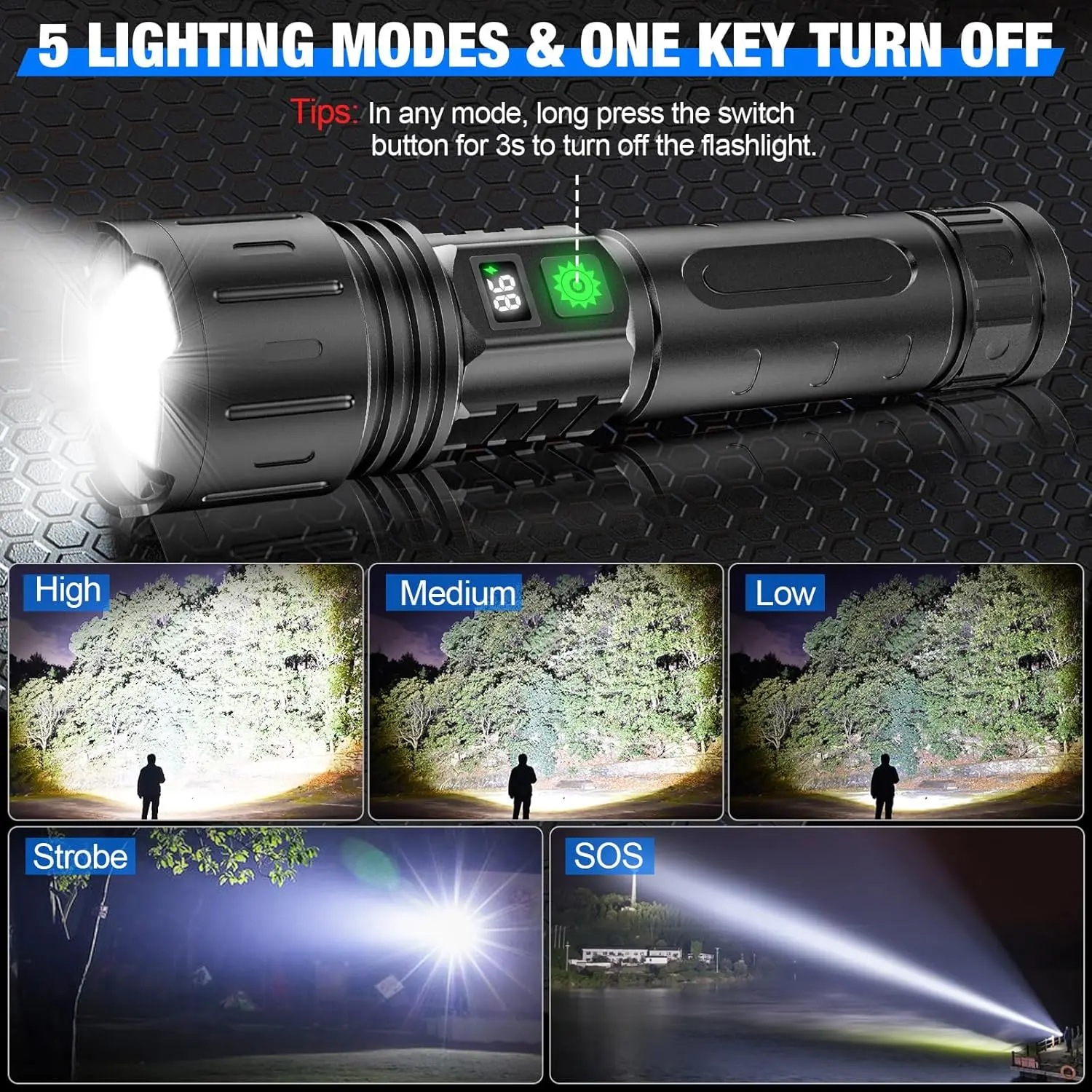 Super Powerful 15000Mh LED Rechargeable Tactical Emergency Spotlight Flashlight Long Range USB Charging Waterproof IP65 Rating