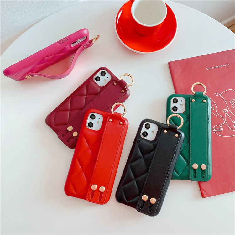 for Apple 12pro Luxury Mobile Phone Case Female for iPhone11 Leather Rhomboid XS Max 7 Wrist Band