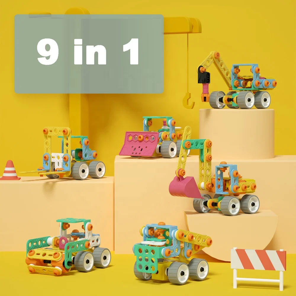 9 in 1 STEM Assemble Toy Kids DIY Building Blocks Set 153pcs Detachable Engineering Car Vehicle Series Screw Assembly Blocks Toy