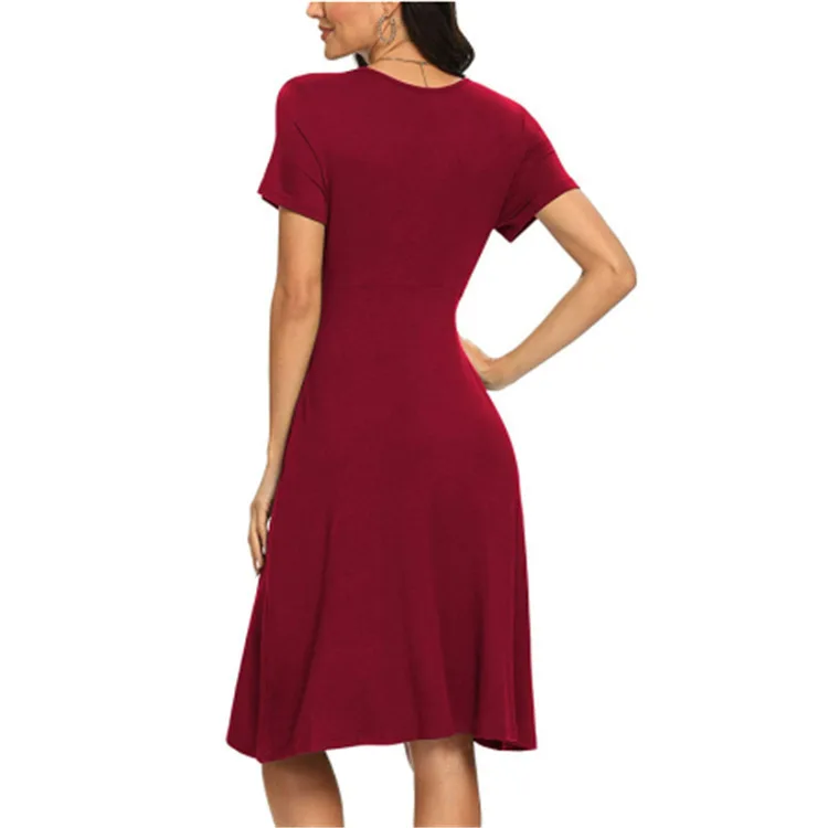 2024 Women Summer Bohemia A-line Dress Short Sleeve V-neck Pocketed Dresses Knee Length Lady High Waist Casual Dresses