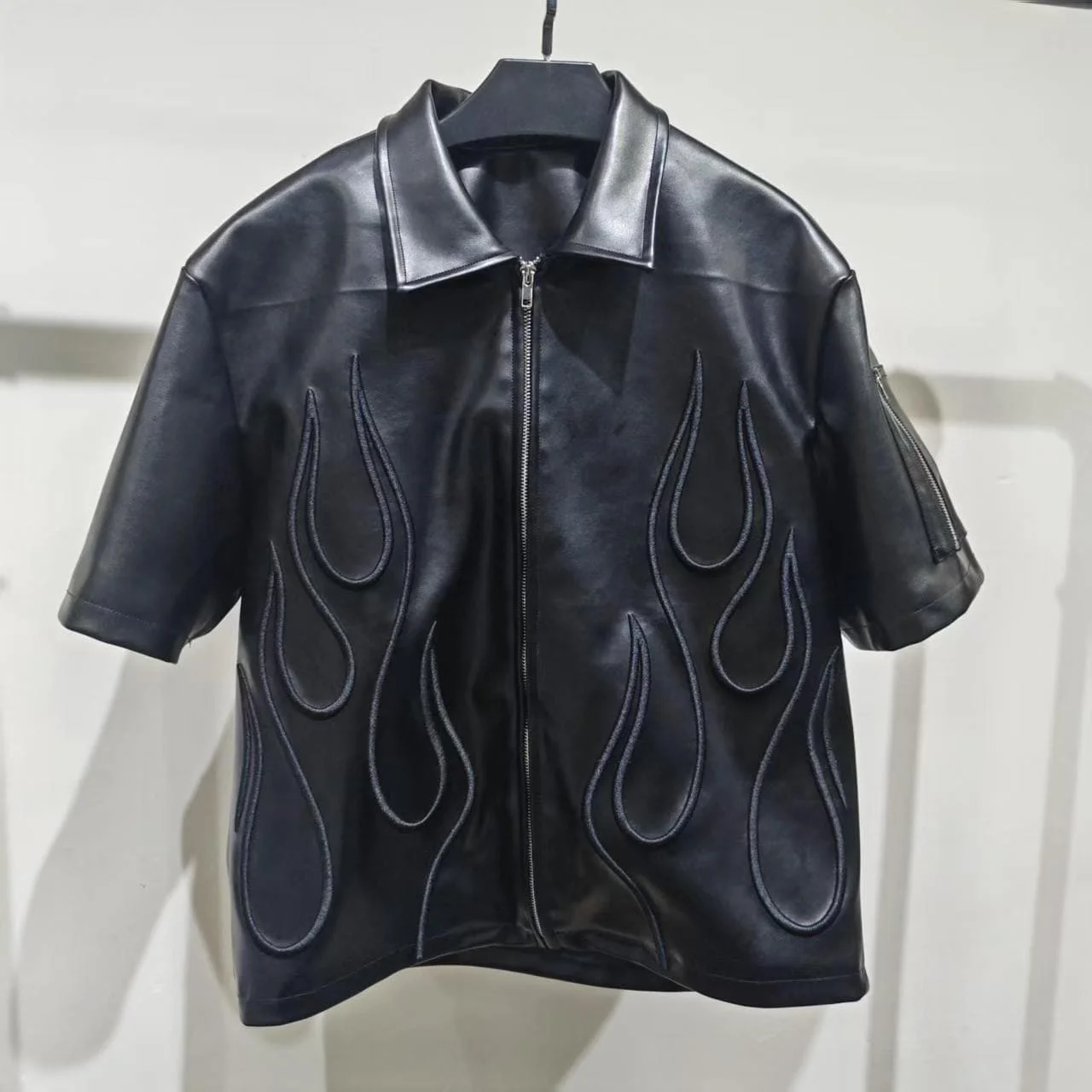 Custom Embossed Flame Paw Patch Faux Leather Short Sleeve Zip Shirt Men Boxy Streetwear Jacket Punk Loose Hip Hop Outerwear gallery 7
