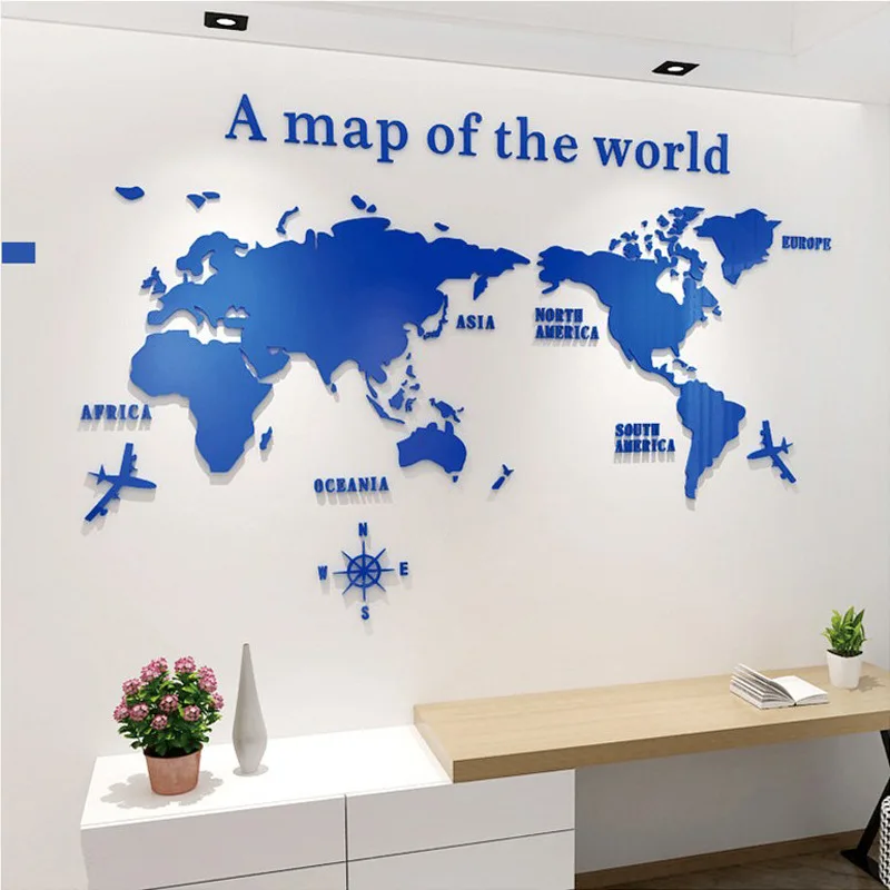 Adesivo Da Parete 3D Effetto Specchio - Mappa Del Mondo In Acrilico Argento (120x60 Cm) Per Soggiorno O Camera