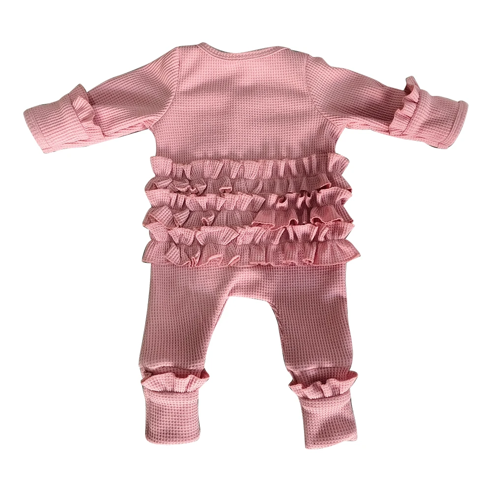 Baby Girls Waffle Knit Ruffled Footie With Bow Snug Fit Baby Ruffled