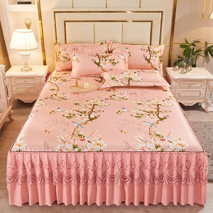 New Arrival Durable Flower Printing Pink Bedroom Queen Luxury Bed Skirt Sets