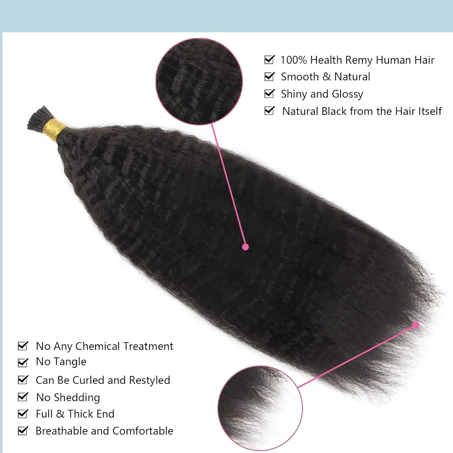 Extensions de cheveux humains crépus raides I Tips couleur noir naturel #1B cheveux brésiliens vierges 100 % vrais cheveux humains 50 mèches 50 g/paquet_voghion.com