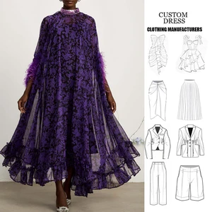 Summer  Women's Stand Collar Retro Floral Casual  Washable Digital Woven Printed  Chiffon Dress with Feather for Women
