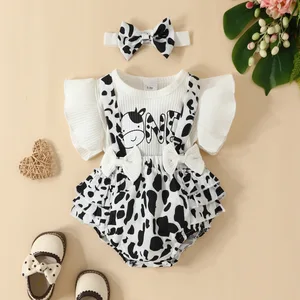 Summer Ribbed Infant for Onesies 3pcs Set Cute Cow Print Baby Romper with Ruffle Edge Fashionable Cotton Clothes Wholesale