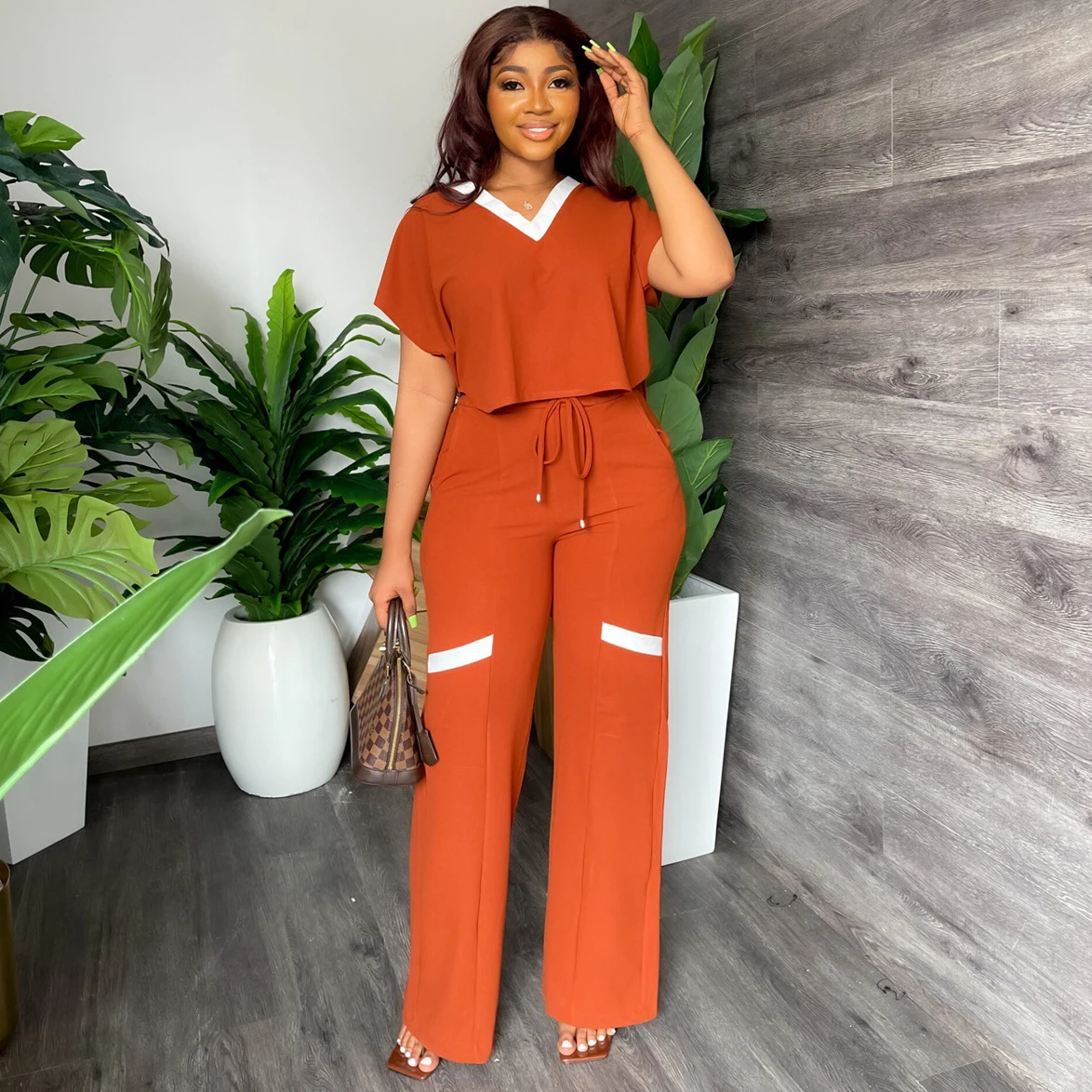 2025 Women Piece Suit Ladies Short Sleeve Shirt High Waist Wide Leg Pants  Set