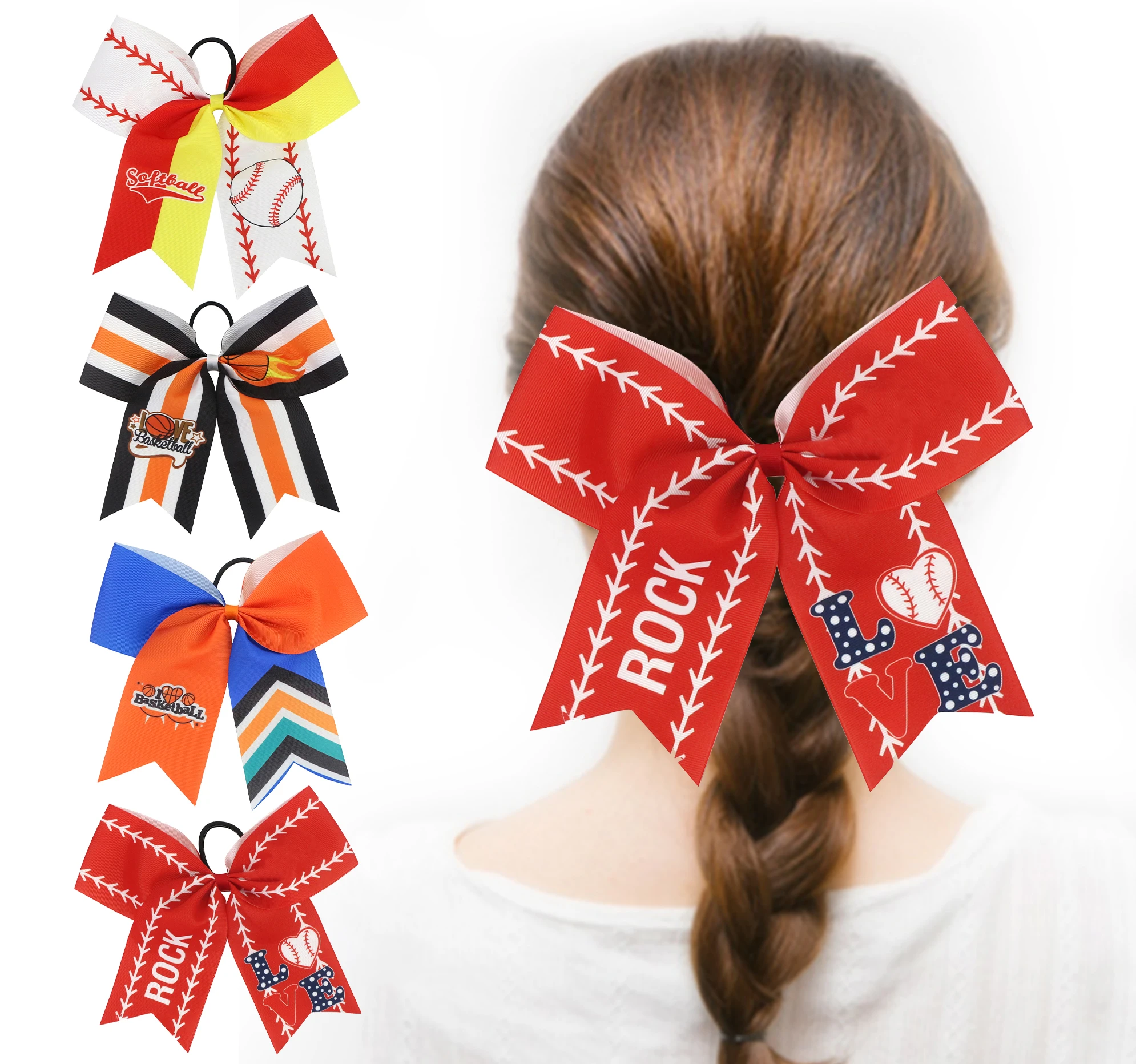 Midi Customized Printed Bows Elastic Cheerleading Bows Teen Girl Softball Baseball Competition Sports Bow Hair Ties