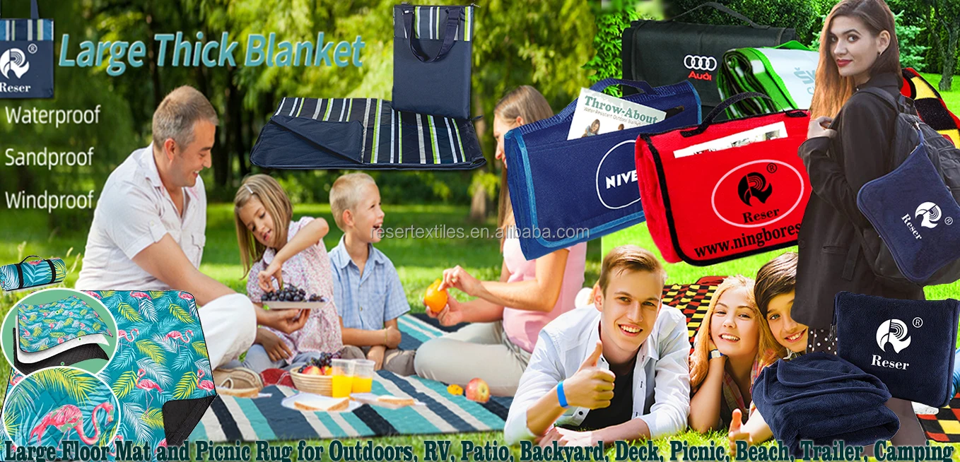 Premium Outdoor 100% Polyester Water-Resistant Stripe Knitted Style Portable 3Ply Lightweight Customizable Picnic Blanket for