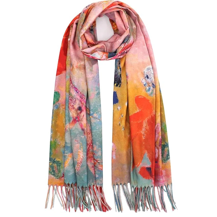 Reversible Winter Pashmina Scarf-Double-Sided Cashmere Feel Shawl Wrap Monet Van Gogh Art Printing Durable Windproof Women's