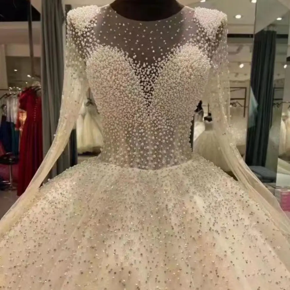 2023 Luxury Heavy Pearls Beaded Wedding Dresses Long Sleeves Plus Size ...