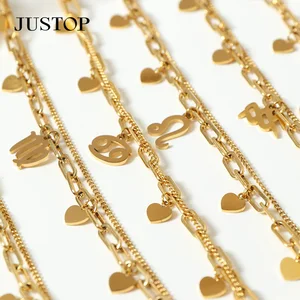 Real 18K Gold Plated Bracelets 12 Constellations Charm Link Chain 2 Layers Stainless Steel Brand Gift for Women Men Kids Jewelry