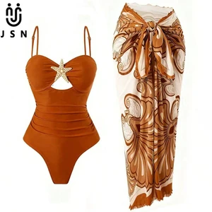 JSN 2026 New Design High-Waisted Metallic Five-Pointed Star Women's Solid Two-Piece Set Hollow Out Bikini with Print Swim Dress