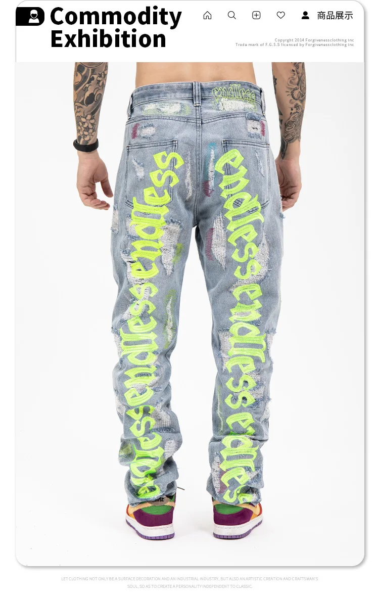 Custom American Highstreet Embroidery Hole Vintage Denim Pants Fabric Male Denim Jeans Man Men's Jeans Men