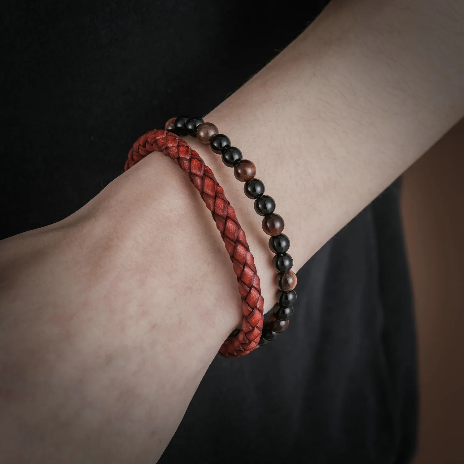 Men's Fashion Woven Leather Stainless Steel Bracelet with Natural Stone Beads and Pearl New Style Rope Design