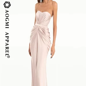 Haute Couture Fashion Ladies Sexy Split Dress Fitted Asymmetrical Silhouette Sleeveless  Floor-Length Satin Evening