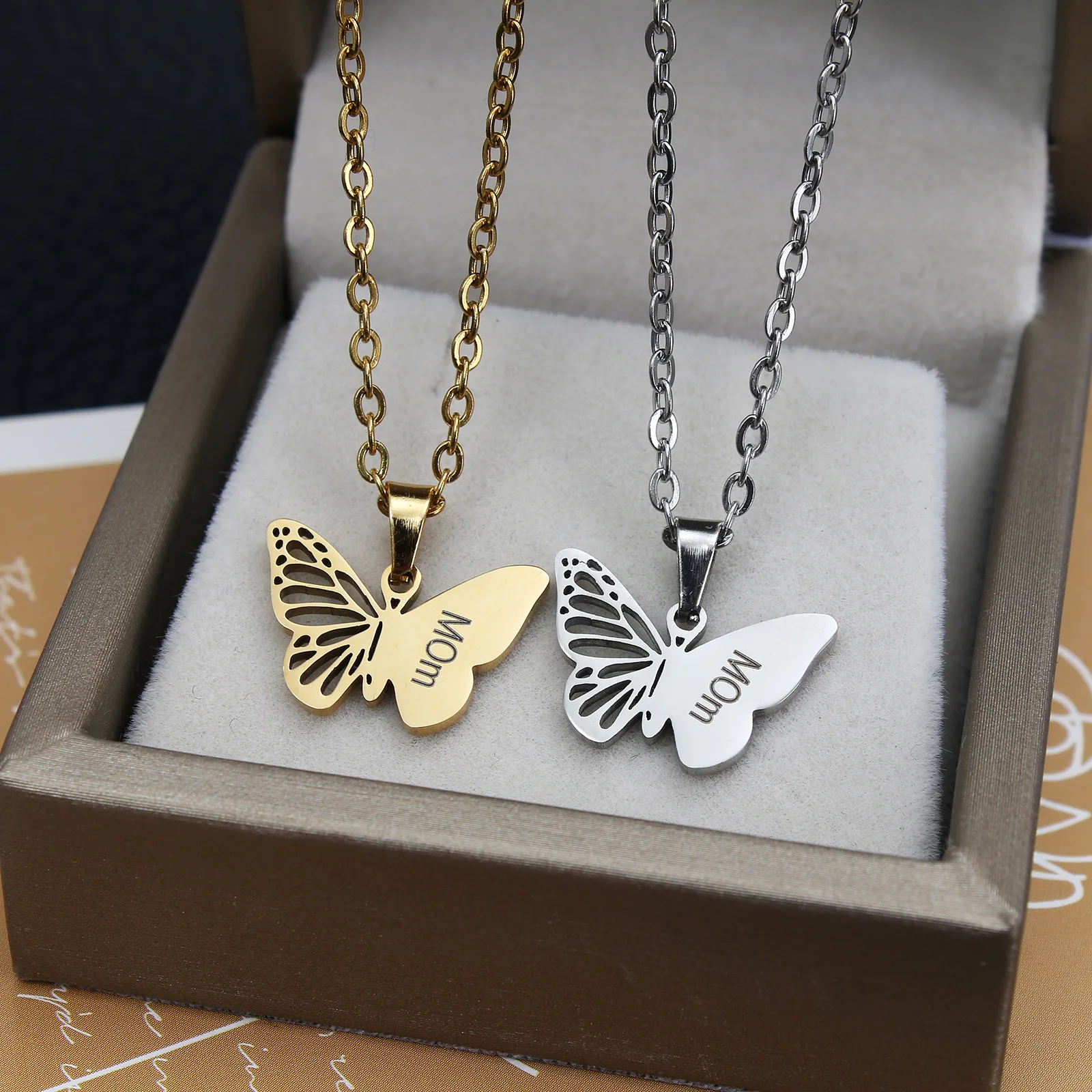 Custom Text Hollow Butterfly Necklace - Gold & Silver