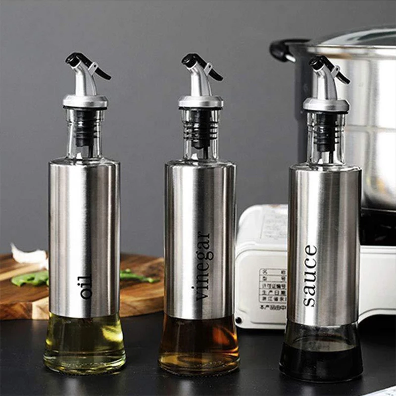 Set 2 Dispenser Per Olio E Aceto In Vetro 500 Ml – Con Supporto E Beccucci In Acciaio Inox – Nero - 6