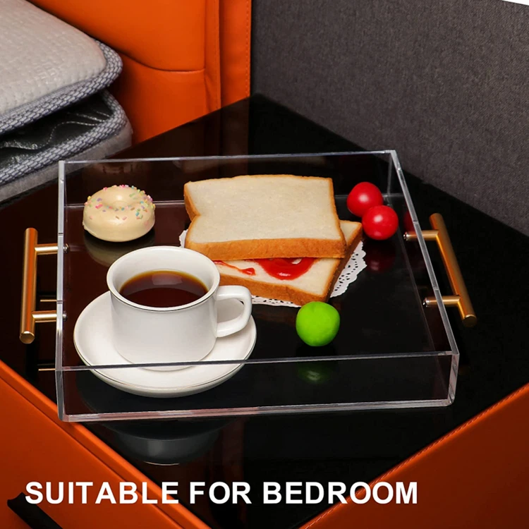 10 X 10 Inches Clear Square Acrylic Serving Tray With Gold Handles
