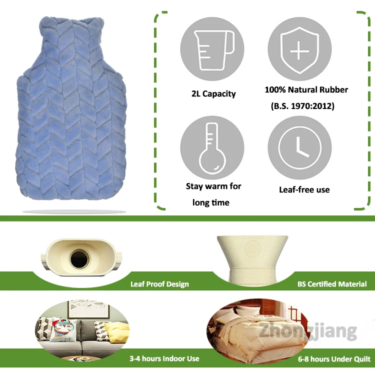 2l sublimation rubber hot water bottle warm hot water bag with fur cover custom logo foot hand warmer