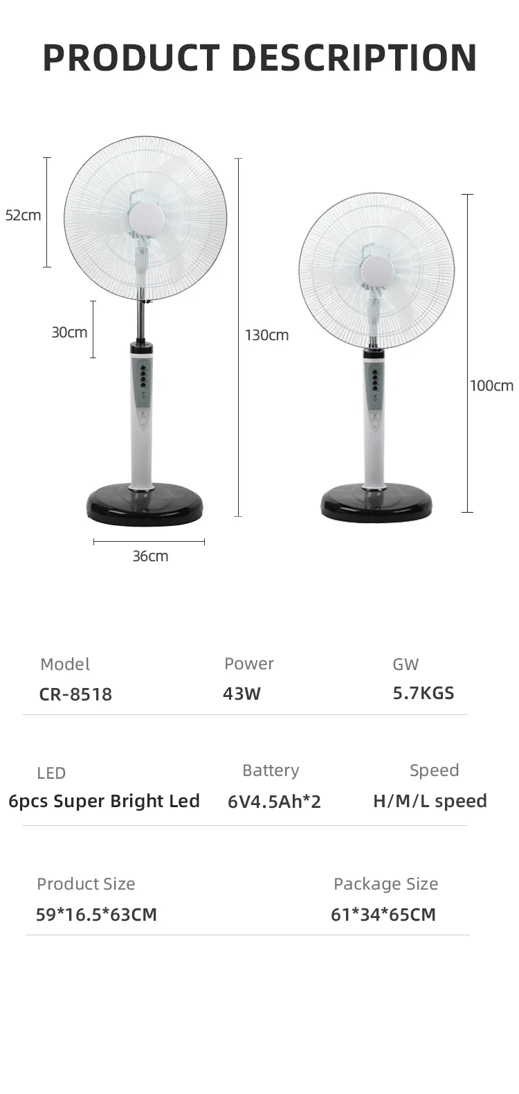 Durable Using Standing Fan Emergency Rechargeable Battery Fan