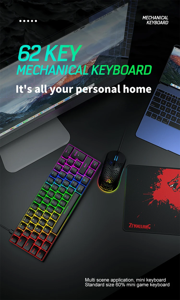 Ziyou Lang T60 Lightweight 3 In 1 Gaming Combo Wired 62key 60% Gaming ...